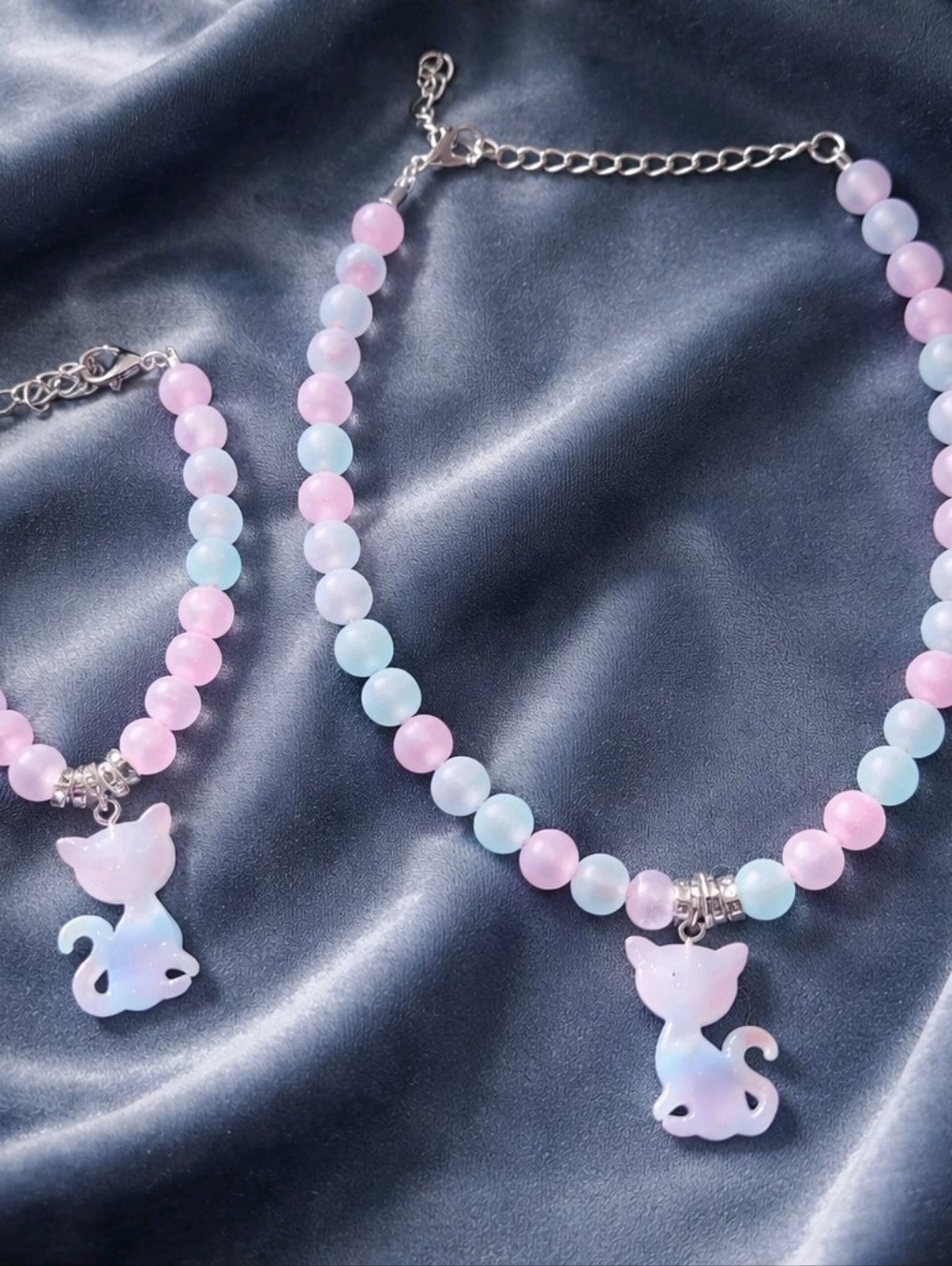 Cute Cat Pendant Beaded Necklace and Bracelet Set - Pastel Pink & Blue